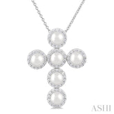 4 MM Cross Cultured Pearl and 1/3 Ctw Round Cut Diamond Pendant With Chain in 14K White Gold