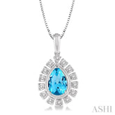 9x6 MM Pear Shape Blue Topaz and 1/10 Ctw Round Cut Diamond Semi-Precious Pendant With Chain in 10K White Gold