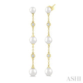 4 MM, 5 MM & 6 MM Round Shape Cultured Pearls and 1/10 Ctw Round Cut Diamond Station Long Earrings in 14K Yellow Gold