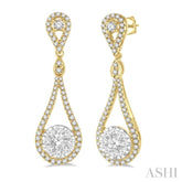 1 Ctw Loop Dangler Round Cut Diamond Lovebright Hanging Earrings in 14K Yellow and White Gold