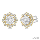 3/4 Ctw Star Lattice Lovebright Round Cut Diamond Earrings in 14K White and Yellow Gold