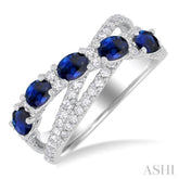 4X3 MM Oval Cut Sapphire and 1/2 Ctw Round Cut Diamond Split Criss Cross Precious Ring in 14K White Gold