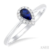 5x3 MM Pear Shape Sapphire and 1/20 Ctw Round Cut Diamond Halo Precious Ring in 10K White Gold