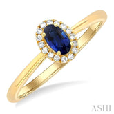 5x3 MM Oval Shape Sapphire and 1/20 Ctw Round Cut Diamond Halo Precious Ring in 10K Yellow Gold