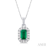 5x3 MM Octagonal Shape Emerald and 1/20 Ctw Single Cut Diamond Halo Precious Pendant with Chain in 10K White Gold