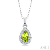5x3 MM Pear Shape Peridot and 1/20 Ctw Round Cut Diamond Halo Semi-Precious Pendant with Chain in 10K White Gold