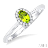 5x3 MM Oval Shape Peridot and 1/20 Ctw Round Cut Diamond Halo Semi-Precious Ring in 14K White Gold