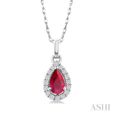5x3 MM Pear Shape Ruby and 1/20 Ctw Round Cut Diamond Halo Precious Pendant with Chain in 10K White Gold