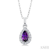 5x3 MM Pear Shape Amethyst and 1/20 Ctw Round Cut Diamond Halo Semi-Precious Pendant with Chain in 10K White Gold
