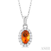 5x3 MM Oval Shape Citrine and 1/20 Ctw Round Cut Diamond Halo Semi-Precious Pendant with Chain in 10K White Gold