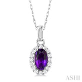 5x3 MM Oval Shape Amethyst and 1/20 Ctw Round Cut Diamond Halo Semi-Precious Pendant with Chain in 14K White Gold