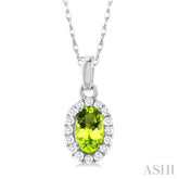 5x3 MM Oval Shape Peridot and 1/20 Ctw Round Cut Diamond Halo Semi-Precious Pendant with Chain in 10K White Gold