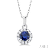 3.25 MM Round Sapphire and 1/20 Ctw Single Cut Diamond Halo Precious Pendant with Chain in 14K White Gold