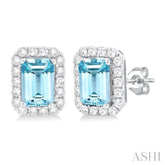 6x4 MM Octagonal Shape Aquamarine and 1/4 Ctw Round Cut Diamond Halo Semi-Precious Stud Earrings in 14K White Gold