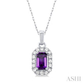 5x3 MM Octagonal Shape Amethyst and 1/20 Ctw Round Cut Diamond Halo Semi-Precious Pendant with Chain in 10K White Gold