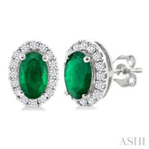 5x3 MM Oval Shape Emerald and 1/8 Ctw Single Cut Diamond Halo Precious Stud Earrings in 10K White Gold