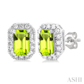 5x3 MM Octagonal Shape Peridot and 1/8 Ctw Single Cut Diamond Halo Semi-Precious Stud Earrings in 14K White Gold