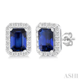 6x4 MM Octagonal Shape Sapphire and 1/4 Ctw Round Cut Diamond Halo Precious Stud Earrings in 14K White Gold