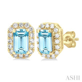 5x3 MM Octagonal Shape Aquamarine and 1/8 Ctw Single Cut Diamond Halo Semi-Precious Stud Earrings in 14K Yellow Gold