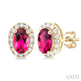 5x3 MM Oval Shape Pink Tourmaline and 1/8 Ctw Round Cut Diamond Halo Semi-Precious Stud Earrings in 14K Yellow Gold