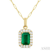 6x4 MM Octagonal Shape Emerald and 1/6 Ctw Round Cut Diamond Halo Precious Pendant with Chain in 14K Yellow Gold