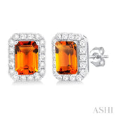 6x4 MM Octagonal Shape Citrine and 1/4 Ctw Round Cut Diamond Halo Semi-Precious Stud Earrings in 14K White Gold