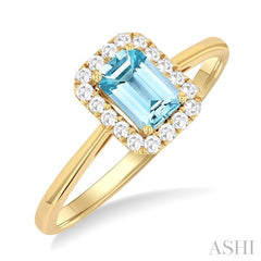 6x4 MM Octagonal Shape Aquamarine and 1/6 Ctw Round Cut Diamond Halo Semi-Precious Ring in 14K Yellow Gold 6x4 MM Octagonal Shape Aquamarine and 1/6 Ctw Round Cut Diamond Halo Semi-Precious Ring in 14K Yellow Gold