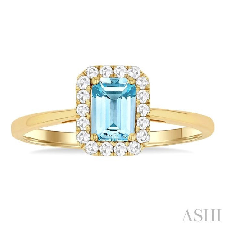 6x4 MM Octagonal Shape Aquamarine and 1/6 Ctw Round Cut Diamond Halo Semi-Precious Ring in 14K Yellow Gold 6x4 MM Octagonal Shape Aquamarine and 1/6 Ctw Round Cut Diamond Halo Semi-Precious Ring in 14K Yellow Gold