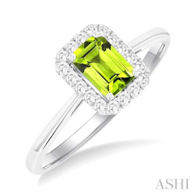 6x4 MM Octagonal Shape Peridot and 1/6 Ctw Round Cut Diamond Halo Semi-Precious Ring in 14K White Gold 6x4 MM Octagonal Shape Peridot and 1/6 Ctw Round Cut Diamond Halo Semi-Precious Ring in 14K White Gold