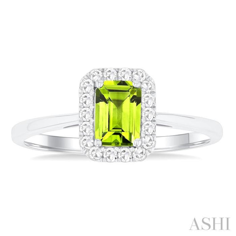 6x4 MM Octagonal Shape Peridot and 1/6 Ctw Round Cut Diamond Halo Semi-Precious Ring in 14K White Gold 6x4 MM Octagonal Shape Peridot and 1/6 Ctw Round Cut Diamond Halo Semi-Precious Ring in 14K White Gold