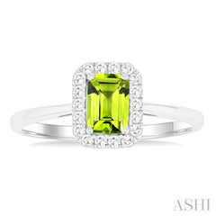 6x4 MM Octagonal Shape Peridot and 1/6 Ctw Round Cut Diamond Halo Semi-Precious Ring in 14K White Gold 6x4 MM Octagonal Shape Peridot and 1/6 Ctw Round Cut Diamond Halo Semi-Precious Ring in 14K White Gold