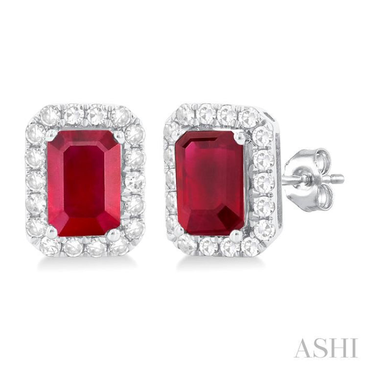 6x4 MM Octagonal Shape Ruby and 1/4 Ctw Round Cut Diamond Halo Precious Stud Earrings in 14K White Gold 6x4 MM Octagonal Shape Ruby and 1/4 Ctw Round Cut Diamond Halo Precious Stud Earrings in 14K White Gold