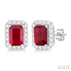 6x4 MM Octagonal Shape Ruby and 1/4 Ctw Round Cut Diamond Halo Precious Stud Earrings in 14K White Gold 6x4 MM Octagonal Shape Ruby and 1/4 Ctw Round Cut Diamond Halo Precious Stud Earrings in 14K White Gold