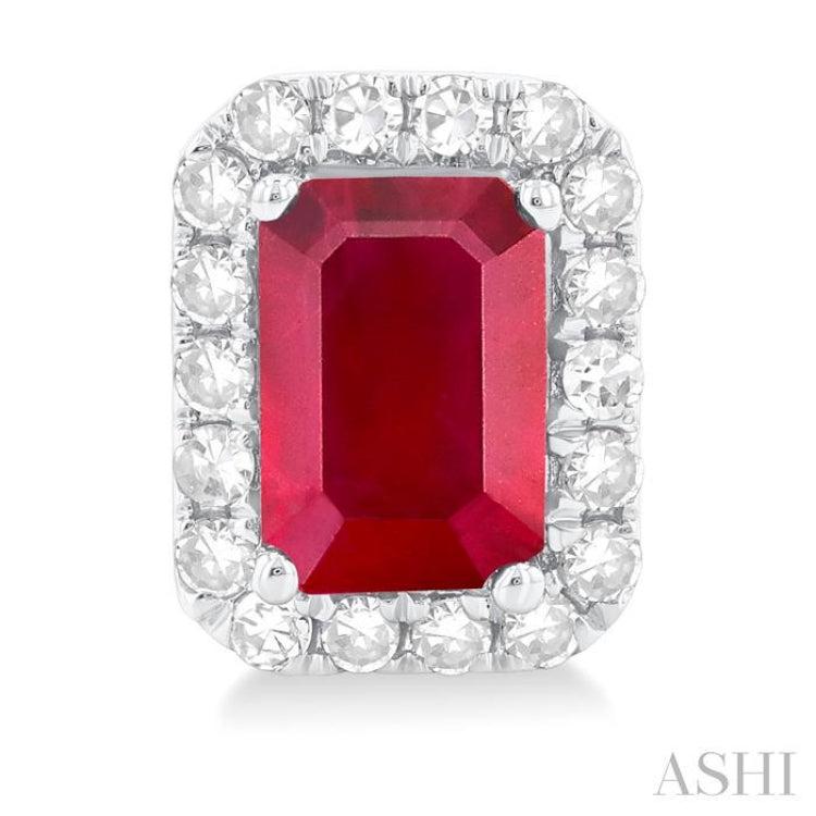 6x4 MM Octagonal Shape Ruby and 1/4 Ctw Round Cut Diamond Halo Precious Stud Earrings in 14K White Gold 6x4 MM Octagonal Shape Ruby and 1/4 Ctw Round Cut Diamond Halo Precious Stud Earrings in 14K White Gold