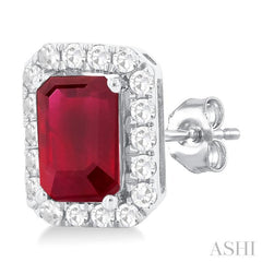 6x4 MM Octagonal Shape Ruby and 1/4 Ctw Round Cut Diamond Halo Precious Stud Earrings in 14K White Gold 6x4 MM Octagonal Shape Ruby and 1/4 Ctw Round Cut Diamond Halo Precious Stud Earrings in 14K White Gold