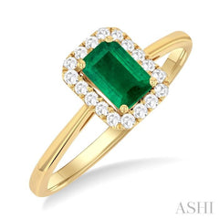 6x4 MM Octagonal Shape Emerald and 1/6 Ctw Round Cut Diamond Halo Precious Ring in 10K Yellow Gold 6x4 MM Octagonal Shape Emerald and 1/6 Ctw Round Cut Diamond Halo Precious Ring in 10K Yellow Gold