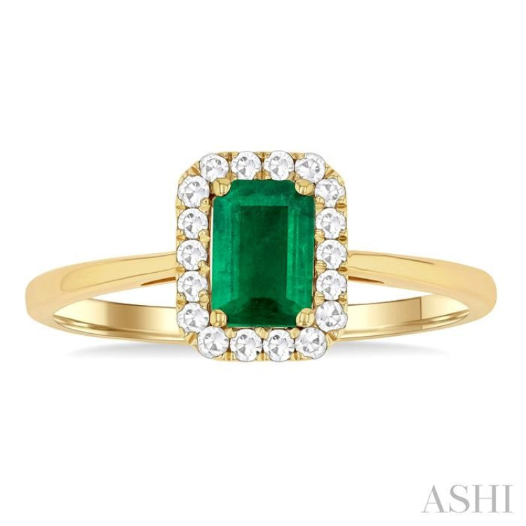 6x4 MM Octagonal Shape Emerald and 1/6 Ctw Round Cut Diamond Halo Precious Ring in 10K Yellow Gold 6x4 MM Octagonal Shape Emerald and 1/6 Ctw Round Cut Diamond Halo Precious Ring in 10K Yellow Gold