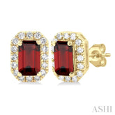 5x3 MM Octagonal Shape Garnet and 1/8 Ctw Single Cut Diamond Halo Semi-Precious Stud Earrings in 10K Yellow Gold