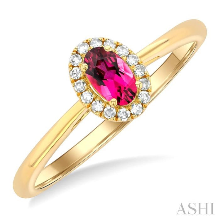 5x3 MM Oval Shape Pink Tourmaline and 1/20 Ctw Single Cut Diamond Halo Semi-Precious Ring in 14K Yellow Gold 5x3 MM Oval Shape Pink Tourmaline and 1/20 Ctw Single Cut Diamond Halo Semi-Precious Ring in 14K Yellow Gold