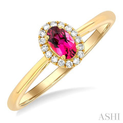 5x3 MM Oval Shape Pink Tourmaline and 1/20 Ctw Single Cut Diamond Halo Semi-Precious Ring in 14K Yellow Gold 5x3 MM Oval Shape Pink Tourmaline and 1/20 Ctw Single Cut Diamond Halo Semi-Precious Ring in 14K Yellow Gold