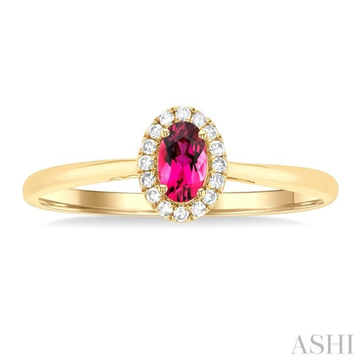 5x3 MM Oval Shape Pink Tourmaline and 1/20 Ctw Single Cut Diamond Halo Semi-Precious Ring in 14K Yellow Gold 5x3 MM Oval Shape Pink Tourmaline and 1/20 Ctw Single Cut Diamond Halo Semi-Precious Ring in 14K Yellow Gold