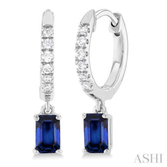 5x3 MM Emerald Cut Drop Sapphire and 1/8 Ctw Petite Round Cut Diamond Precious Fashion Huggies in 10K White Gold 5x3 MM Emerald Cut Drop Sapphire and 1/8 Ctw Petite Round Cut Diamond Precious Fashion Huggies in 10K White Gold