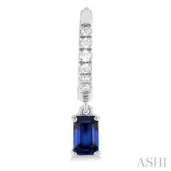 5x3 MM Emerald Cut Drop Sapphire and 1/8 Ctw Petite Round Cut Diamond Precious Fashion Huggies in 10K White Gold 5x3 MM Emerald Cut Drop Sapphire and 1/8 Ctw Petite Round Cut Diamond Precious Fashion Huggies in 10K White Gold