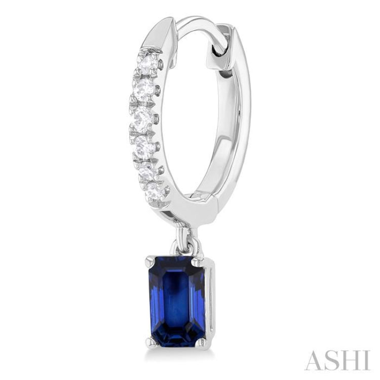 5x3 MM Emerald Cut Drop Sapphire and 1/8 Ctw Petite Round Cut Diamond Precious Fashion Huggies in 10K White Gold 5x3 MM Emerald Cut Drop Sapphire and 1/8 Ctw Petite Round Cut Diamond Precious Fashion Huggies in 10K White Gold