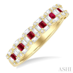 2 MM Princess Cut Ruby and 1/2 Ctw Baguette & Round Cut Diamond Precious Ring in 14K Yellow Gold 2 MM Princess Cut Ruby and 1/2 Ctw Baguette & Round Cut Diamond Precious Ring in 14K Yellow Gold