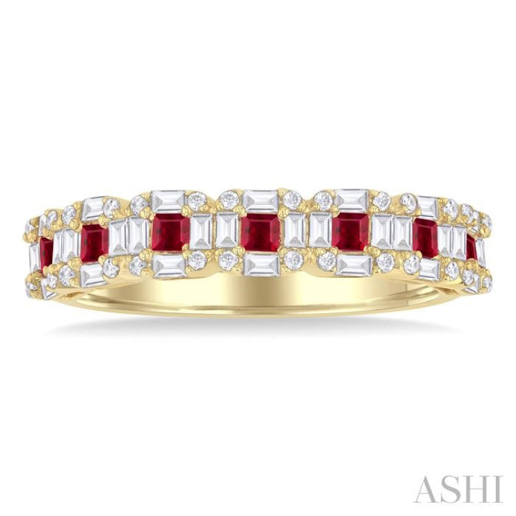 2 MM Princess Cut Ruby and 1/2 Ctw Baguette & Round Cut Diamond Precious Ring in 14K Yellow Gold 2 MM Princess Cut Ruby and 1/2 Ctw Baguette & Round Cut Diamond Precious Ring in 14K Yellow Gold