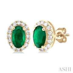 5x3 MM Oval Shape Emerald and 1/8 Ctw Single Cut Diamond Halo Precious Stud Earrings in 14K Yellow Gold 5x3 MM Oval Shape Emerald and 1/8 Ctw Single Cut Diamond Halo Precious Stud Earrings in 14K Yellow Gold