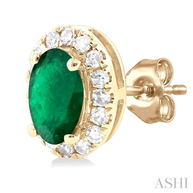 5x3 MM Oval Shape Emerald and 1/8 Ctw Single Cut Diamond Halo Precious Stud Earrings in 14K Yellow Gold 5x3 MM Oval Shape Emerald and 1/8 Ctw Single Cut Diamond Halo Precious Stud Earrings in 14K Yellow Gold