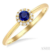3.25 MM Round Sapphire and 1/20 Ctw Round Cut Diamond Halo Precious Ring in 10K Yellow Gold