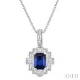 6X4 MM Octagon Shape Sapphire and 1/4 Ctw Round and Baguette Cut Diamond Precious Pendant With Chain in 14K White Gold